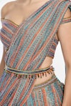 Shop_Moledro_Blue Lurex Embroidered Striped Aliza Pre-draped Sharara Saree And Blouse _at_Aza_Fashions