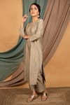 Buy_Priya Chaudhary_Grey Chanderi Silk Embroidered Geometric Notched Kurta And Pant Set _at_Aza_Fashions