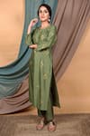 Buy_Priya Chaudhary_Green Chanderi Silk, Tissue Organza Geometric Notched Kurta And Pant Set _at_Aza_Fashions