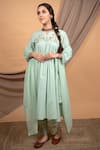 Buy_Priya Chaudhary_Green Cambric Hand Embroidered Thread Work Round Yoke Anarkali And Pant Set _at_Aza_Fashions