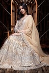 Buy_The Royaleum_Gold Mashru Embroidered Sequin V Neck Geometric Anarkali With Dupatta  _at_Aza_Fashions