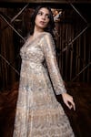 Buy_The Royaleum_Gold Mashru Embroidered Sequin V Neck Geometric Anarkali With Dupatta  _Online_at_Aza_Fashions