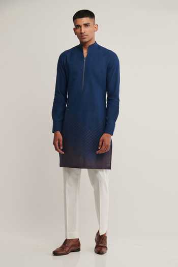 Buy_Dhruv Vaish_Blue Handloom Cotton Geometric Printed Kurta Set _at_Aza_Fashions