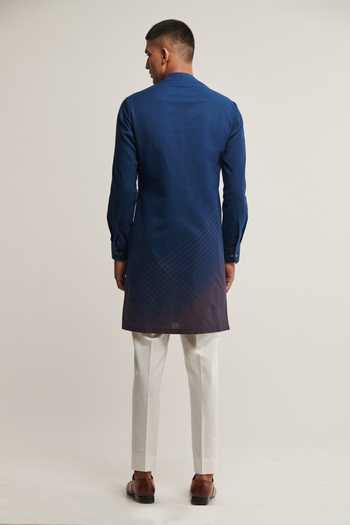 Shop_Dhruv Vaish_Blue Handloom Cotton Geometric Printed Kurta Set _at_Aza_Fashions