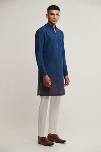 Dhruv Vaish_Blue Handloom Cotton Geometric Printed Kurta Set _Online_at_Aza_Fashions
