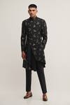 Buy_Dhruv Vaish_Black Silk Bird, Floral Draped Sherwani Set_at_Aza_Fashions