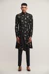 Dhruv Vaish_Black Silk Bird, Floral Draped Sherwani Set_Online_at_Aza_Fashions
