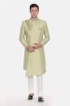 Buy_Mayank Modi - Men_Green Silk Cotton Embroidered Geometric Pleated Sherwani Set _at_Aza_Fashions