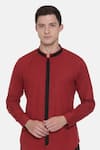 Buy_Mayank Modi - Men_Red 100% Cotton Plain Cuff Sleeve Shirt  _Online_at_Aza_Fashions