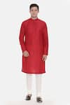 Buy_Mayank Modi - Men_Red Silk Plain Mandarin Collar Kurta Set  _at_Aza_Fashions