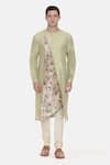 Buy_Mayank Modi - Men_Green Silk Cotton Chanderi Printed Floral Asymmetric Kurta Set _Online_at_Aza_Fashions
