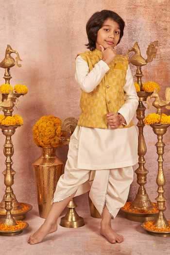 Buy_All Boy Couture_Yellow Muslin, Silk, Cotton Zari, Embroidery Work Bundi Dhoti Pant Set _at_Aza_Fashions