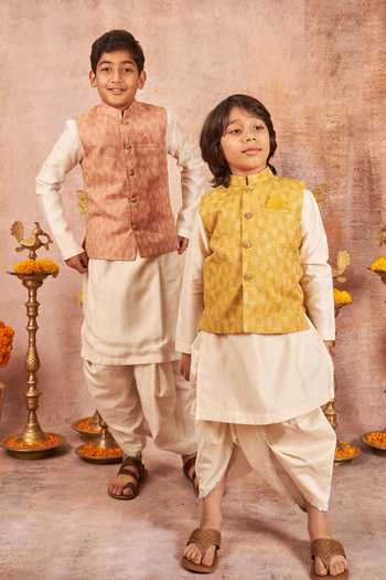 All Boy Couture_Yellow Muslin, Silk, Cotton Zari, Embroidery Work Bundi Dhoti Pant Set _Online_at_Aza_Fashions