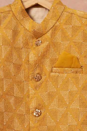 Buy_All Boy Couture_Yellow Muslin, Silk, Cotton Zari, Embroidery Work Bundi Dhoti Pant Set _Online_at_Aza_Fashions