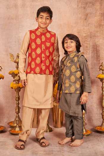 Shop_All Boy Couture_Gray Brocade, Cotton, Silk Embroidery Dark Grey Banarasi Floral Bundi Kurta Set _at_Aza_Fashions