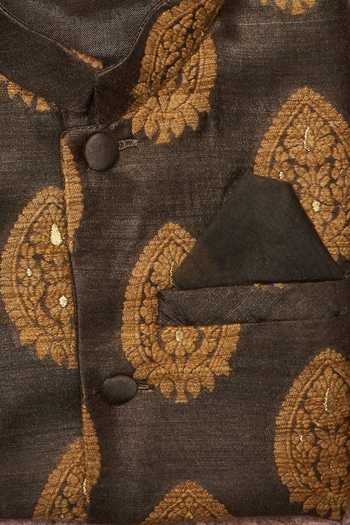 Buy_All Boy Couture_Gray Brocade, Cotton, Silk Embroidery Dark Grey Banarasi Floral Bundi Kurta Set _Online_at_Aza_Fashions