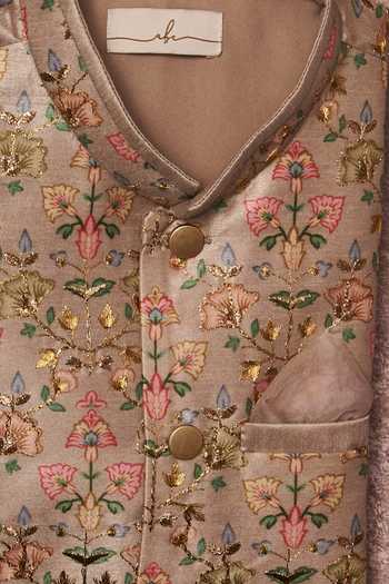 Shop_All Boy Couture_Gray Silk, , Satin Embroidery Floral Print Bundi Kurta Set _at_Aza_Fashions