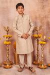 Buy_All Boy Couture_Grey Slub Bangalore Silk Embroidered Geometric Achkan And Pyjama Set _at_Aza_Fashions