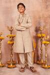 Shop_All Boy Couture_Grey Slub Bangalore Silk Embroidered Geometric Achkan And Pyjama Set _at_Aza_Fashions