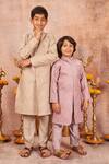 Buy_All Boy Couture_Grey Slub Bangalore Silk Embroidered Geometric Achkan And Pyjama Set _Online_at_Aza_Fashions