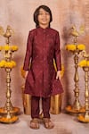 Buy_All Boy Couture_Maroon Handloom Cotton, Cotton, Silk Achkan And Pyjama Set _at_Aza_Fashions