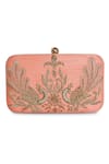 Shop_The Purple Sack_Peach Embroidery Peacock Clutch With Sling _at_Aza_Fashions