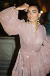 Kangana Trehan_Pink Georgette Sequin Balloon Sleeve Dress_Online_at_Aza_Fashions