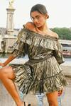 Buy_Kangana Trehan_Gold Lurex Chiffon Metallic Shimmer Off Shoulder Dress_Online_at_Aza_Fashions