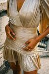 Kangana Trehan_Gold Foiled Jersey Fabric Metallic Ruched Dress_Online_at_Aza_Fashions