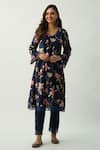 Buy_Roze_Blue Velvet Printed Floral V Neck Maeen Kurta _at_Aza_Fashions