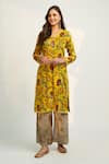 Buy_Roze_Yellow Velvet Printed Floral V Neck Sehrish Kurta And Palazzo Set _at_Aza_Fashions