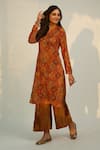 Buy_Roze_Orange Velvet Printed Floral V Neck Shiza Kurta And Palazzo Set _at_Aza_Fashions