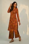 Buy_Roze_Orange Velvet Printed Floral V Neck Shiza Kurta _Online_at_Aza_Fashions