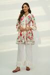 Roze_White Velvet Floral Print, Lace Work V Neck Leah Kurta And Pant Set_Online_at_Aza_Fashions