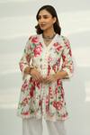 Buy_Roze_White Velvet Floral Print, Lace Work V Neck Leah Kurta And Pant Set_Online_at_Aza_Fashions