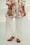 Roze_White Velvet Floral Print, Lace Work V Neck Leah Kurta And Pant Set_at_Aza_Fashions