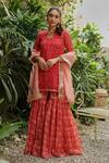 Buy_Roze_Red Organza Floral Print, Lace Work Round Idika Sharara Set_at_Aza_Fashions