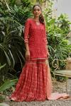 Roze_Red Organza Floral Print, Lace Work Round Idika Sharara Set_Online_at_Aza_Fashions