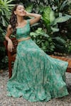 Roze_Green Organza Printed Floral Round Sara Lehenga Set _Online_at_Aza_Fashions