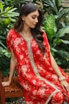 Shop_Roze_Red 100% Organza Floral V Neck Ahilia Kaftan Kurta And Pant Set _at_Aza_Fashions