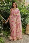 Buy_Roze_Pink Organza Floral Print, Fringe Varya Saree With Blouse _at_Aza_Fashions