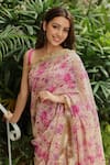 Roze_Pink Organza Floral Print, Fringe Varya Saree With Blouse _Online_at_Aza_Fashions