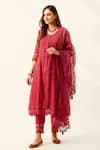 Roze_Red Crinkle Cotton Embroidered Lace Work Round Mahjabeen Kurta Set _Online_at_Aza_Fashions