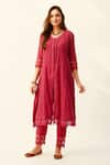 Buy_Roze_Red Crinkle Cotton Embroidered Lace Work Round Mahjabeen Kurta Set _Online_at_Aza_Fashions