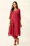 Buy_Roze_Red Crinkle Cotton Embroidered Lace Work Round Mahjabeen Kurta _at_Aza_Fashions