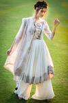 Aaryaa By Kashveen Kohli White Anarkali Chanderi , Dupatta Pepper And Pallazos Georgette Set Online at Aza Fashions Aaryaa By Kashveen Kohli_White Anarkali Chanderi , Dupatta Pepper And Pallazos Georgette Set _Online_at_Aza_Fashions