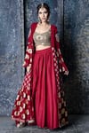 Buy_Aaryaa By Kashveen Kohli_Red Cape Organza And Crop Top Net, Skirt Muslin Slub Foil Jacket Lehenga Set _at_Aza_Fashions