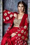 Aaryaa By Kashveen Kohli_Red Cape Organza And Crop Top Net, Skirt Muslin Slub Foil Jacket Lehenga Set _Online_at_Aza_Fashions