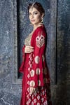 Buy_Aaryaa By Kashveen Kohli_Red Cape Organza And Crop Top Net, Skirt Muslin Slub Foil Jacket Lehenga Set _Online_at_Aza_Fashions