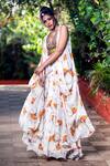 Buy_Aaryaa By Kashveen Kohli_Green Skirt Crepe Floral Leaf Neck Cape And Set _at_Aza_Fashions